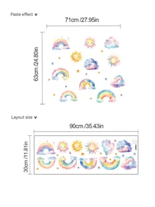 Size chart for rainbow wall stickers showing dimensions in centimeters and inches
