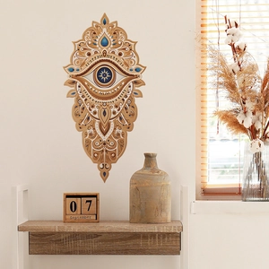 Sticker mural mandala œil bohème avec design symétrique marron et bleu pour déco