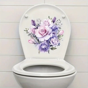 Floral toilet seat decal featuring purple and pink roses on a clean white background