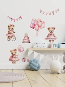 Watercolor teddy bear wall stickers in a cozy nursery setting with pink balloons