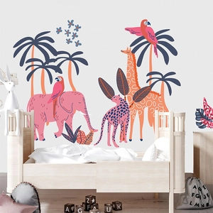 Stickers muraux animaux de la forêt avec éléphant rose et girafe pour chambre d'enfant
