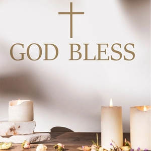 Golden God Bless wall sticker with cross symbol for minimalist home living room decor