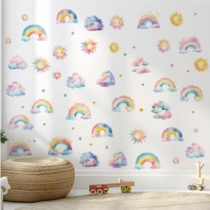 Watercolor Rainbow Wall Stickers Cartoon Sun Cloud Star PVC Removable Decals For Kids Room Nursery Home Decor