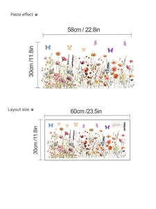 Détail de l'autocollant mural fleurs sauvages avec dimensions de pose de 58x30cm