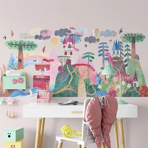 Stickers muraux château de conte de fées et montgolfière pour chambre d'enfant