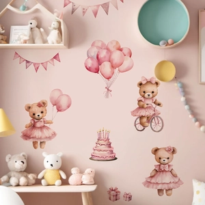Cartoon bear with pink balloons and cake wall stickers for kids bedroom decor