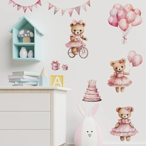 Watercolor bear and pink balloon wall decals for kids' room nursery decor stickers