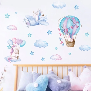 Unicorn Hot Air Balloon Airplane Wall Stickers For Kids Room Nursery Decor PVC DIY Cartoon Clouds Stars Wall Decals