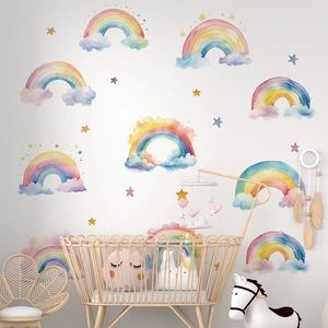 Watercolor rainbow wall decals with stars for nursery decoration and kids room layout