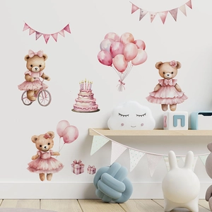 Pink watercolor teddy bear and balloon wall stickers for nursery and girl bedroom decor