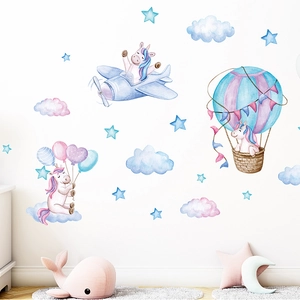 Watercolor unicorn wall stickers with clouds and hot air balloons for kids room