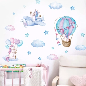 Watercolor unicorn wall stickers with hot air balloon and clouds for nursery decor