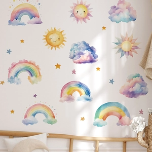 Watercolor rainbow and smiling sun wall decals for nursery wall decor