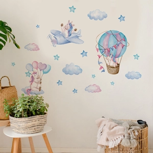 Cartoon unicorn wall stickers with hot air balloons and clouds for nursery decor