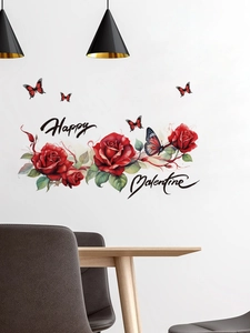 Red roses and butterflies wall decal with Happy Valentine text for home decor