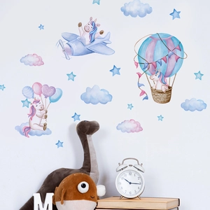 Unicorn themed wall decals with hot air balloons and stars for children's room decoration