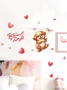 Detail showing a cute puppy wall sticker with red hearts and Valentine's Day text