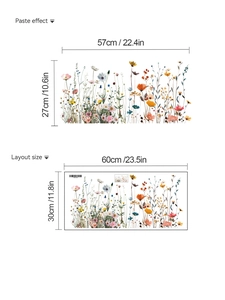 Détail du sticker mural floral montrant la taille 60x30cm et les dimensions de l'effet final