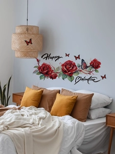 Detail of Happy Valentine wall decal featuring red roses and 3D butterflies in bedroom
