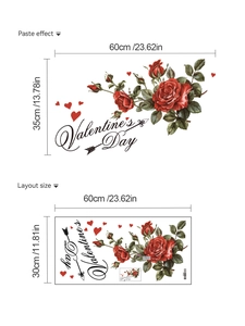 Detailed size guide for Valentine's Day rose wall decal with paste effect measurements