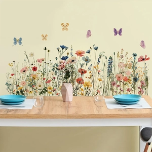 Stickers Muraux Fleurs Sauvages et Papillons Aquarelle Décalcomanies Florales en PVC Amovibles pour Salon Chambre Cuisine Décoration de Maison