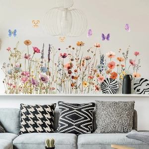 Stickers muraux fleurs sauvages et papillons colorés pour décoration de salon et chambre