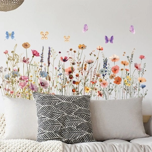 Stickers muraux fleurs sauvages et papillons pour décoration de salon