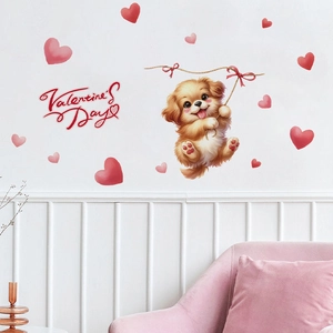 Cartoon dog and red hearts Valentine's Day wall stickers set for living room decor