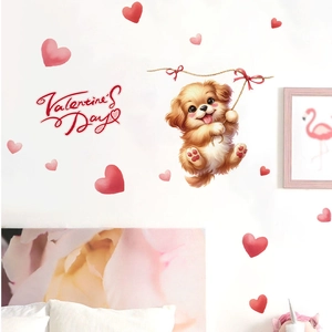 Cartoon puppy and red hearts Valentine's Day wall stickers for bedroom decor