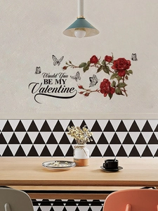 Detail of red rose wall decal with butterflies and Would You Be My Valentine text