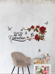 Detail of red rose wall decal with butterflies and Would You BE MY Valentine text