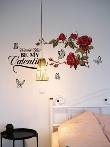 Detailed bedroom wall sticker featuring red roses and Valentine's Day English lettering