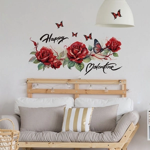 Valentine's Day Red Rose Butterfly Wall Stickers PVC Removable Floral Decal For Bedroom Romantic Home Decoration Art Sticker