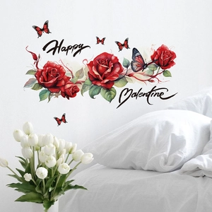 Romantic red rose wall stickers with Happy Valentine text and butterflies for home decor