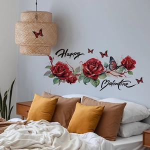 Romantic Valentine wall sticker with red roses and butterflies for bedroom decoration