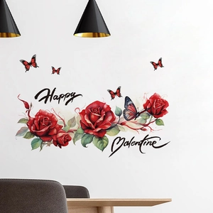 Romantic red rose wall decals with butterflies and Happy Valentine text for home decor