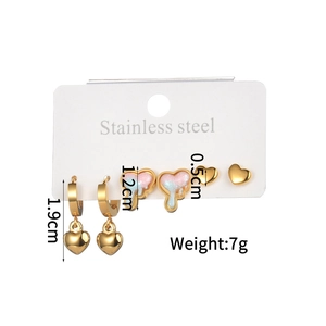 Macro detail of multi-piece stainless steel heart earring set on display card