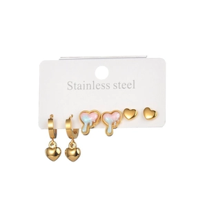 Set of three stainless steel heart earrings including gold hoops and colorful drip glaze studs