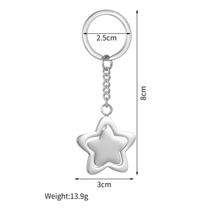 Polished silver stainless steel keychain with rotating star pendant and size dimensions