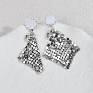 Elegant silver sequin fringe tassel earrings with geometric stars and pearl stud detail