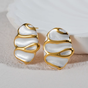 Minimalist oval wave earrings with white enamel and golden liquid metal overlay