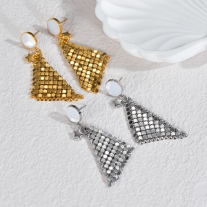 Elegant geometric fringe earrings with shiny metallic scales and pearl studs in gold and silver
