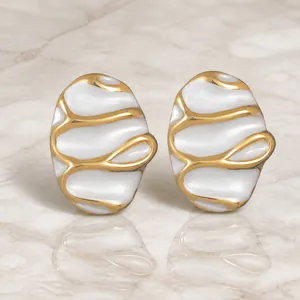 Vintage Stainless Steel Enamel Earrings For Women Chic Irregular Oval Heart Geometric Stud Earrings Gold Silver Fashion Jewelry