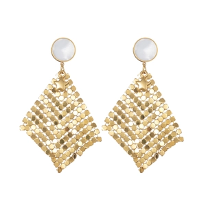 Elegant gold-tone geometric tassel earrings with shiny sequins and pearl stud detail