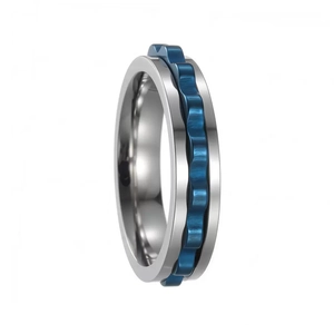 Punk style 6mm titanium steel spinner ring with blue wave inlay and polished finish