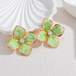 French vintage floral stud earrings in gold-plated stainless steel with green enamel details