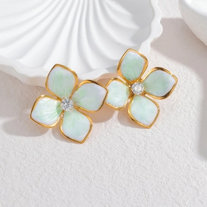 Elegant 18K gold-plated flower stud earrings with green enamel petals and zircon center