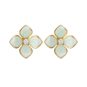 French vintage four-petal flower earrings with green enamel and gold finish on white back