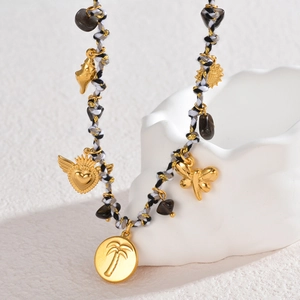 Bohemian braided necklace with crushed stones and gold shell dragonfly charms