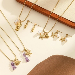 Schmuckset 18K vergoldet Meeresthema mit Muschel, Seestern und Perlen-Details